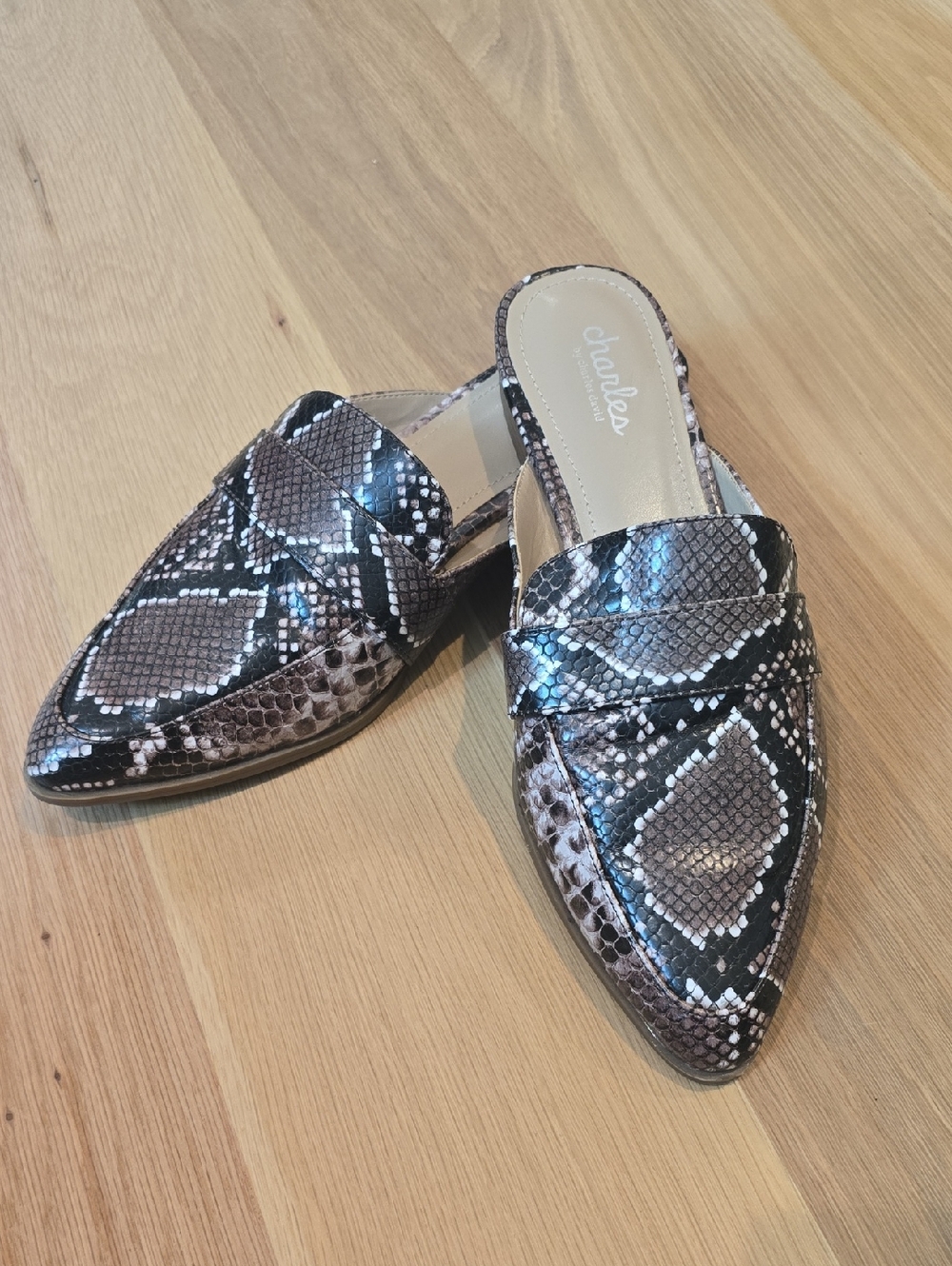 Charles by Charles David Snake-Print Pointed Mules in Brown and Black
